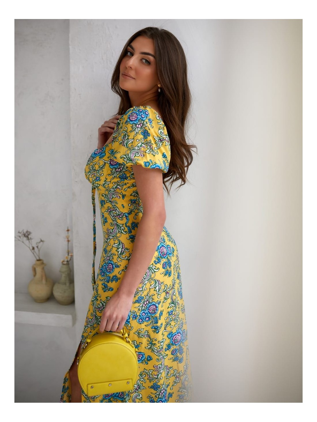 Patterned maxi dress with a tied neckline, yellow 0596 - Online store - Boutique